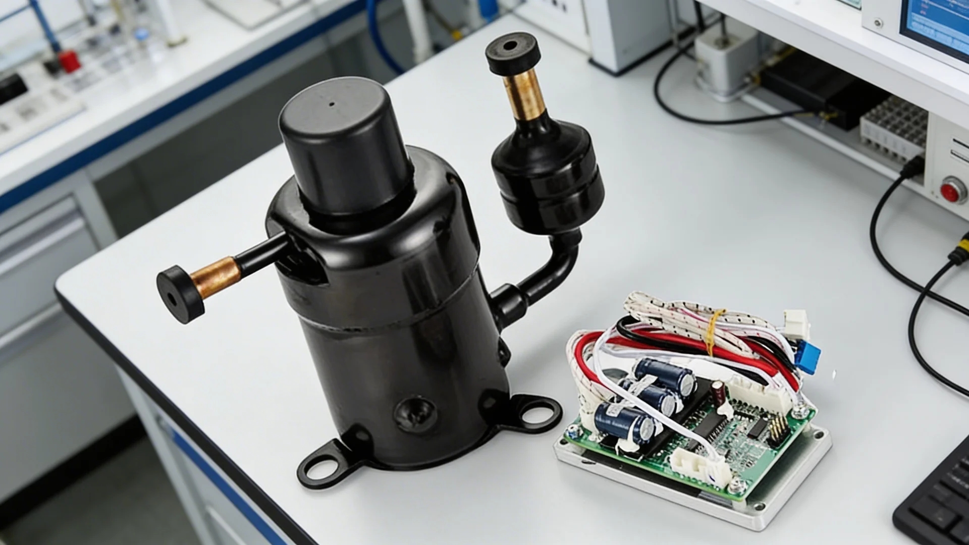 PHOTO: Portable 12V DC air conditioner unit with wiring harness and remote control ready for off-grid installation