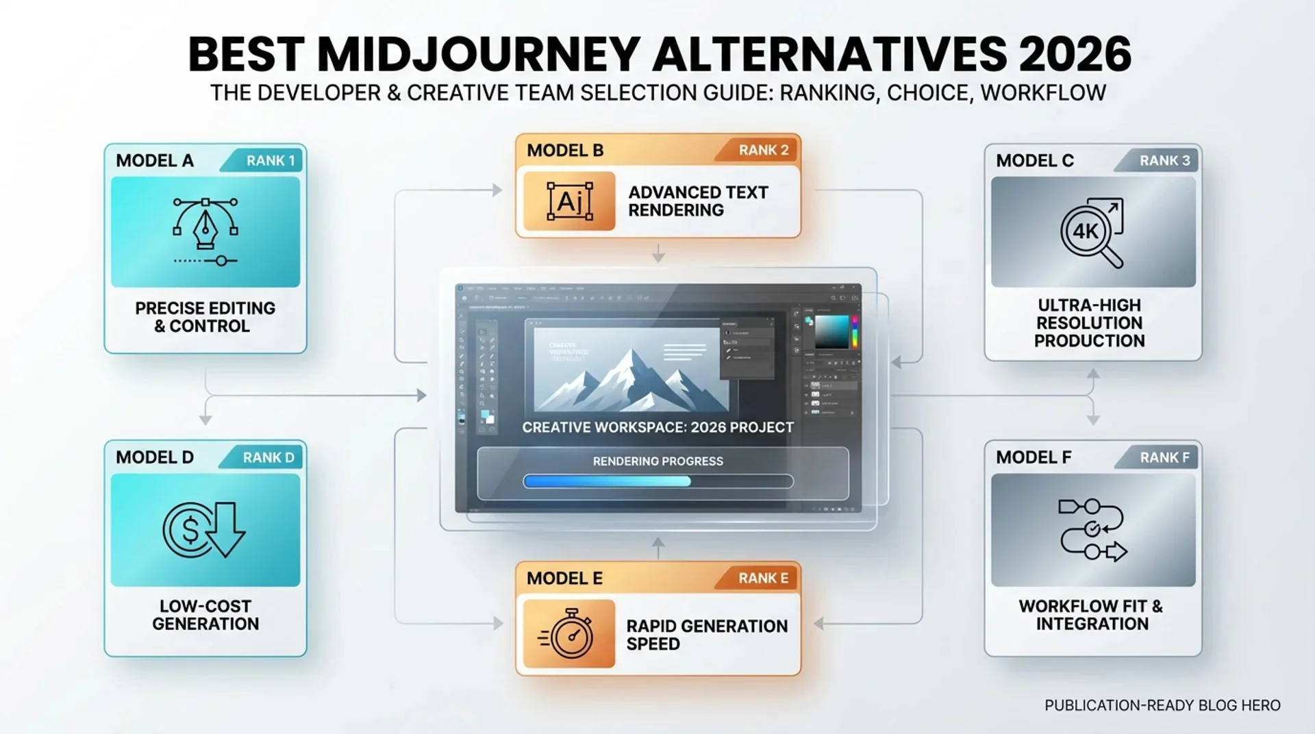 A ranked comparison layout of Midjourney alternatives for editing precision, cost, speed, and production workflows.