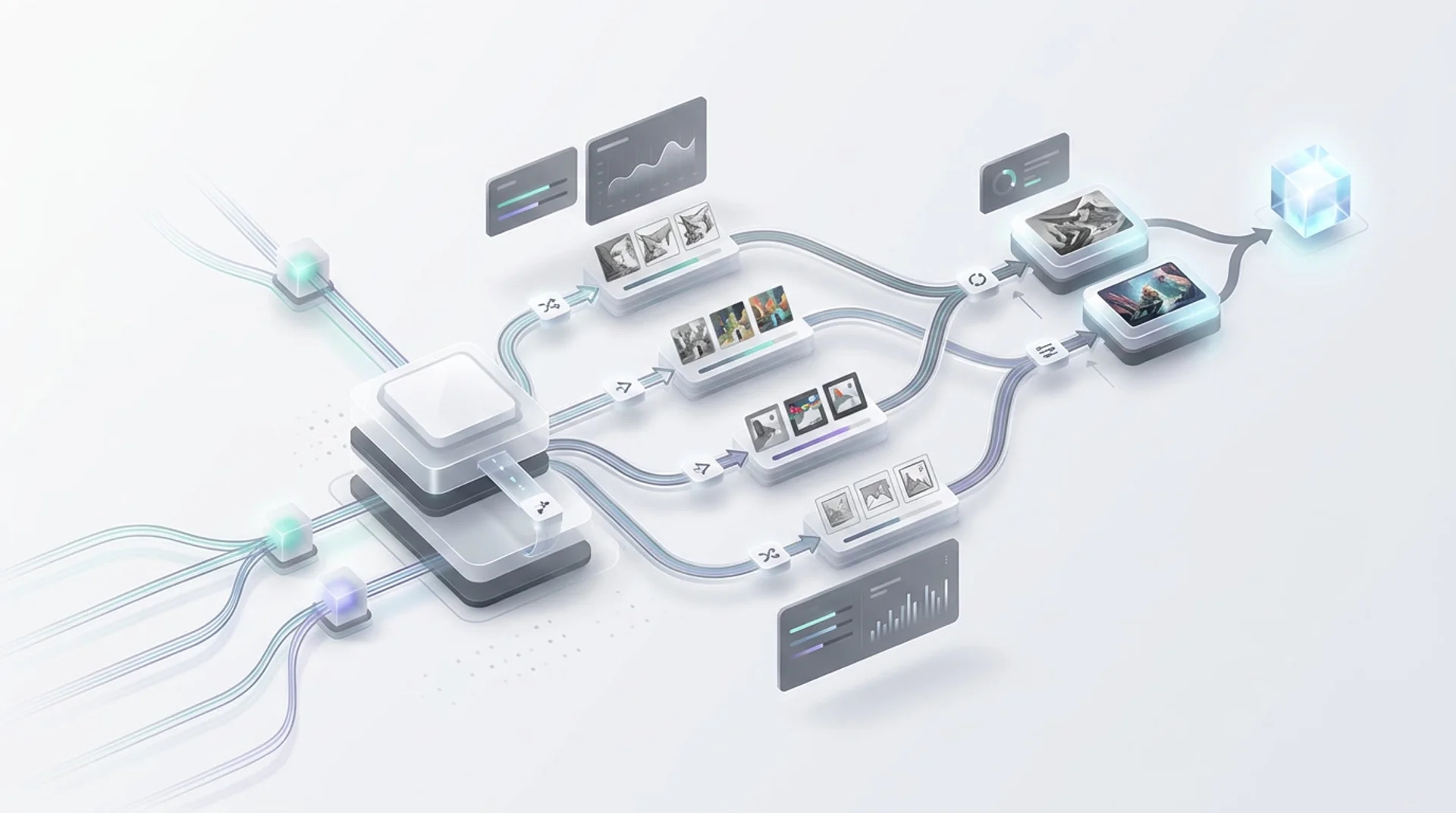 An editorial illustration of Midjourney V7 image workflow routing from draft exploration to production output.