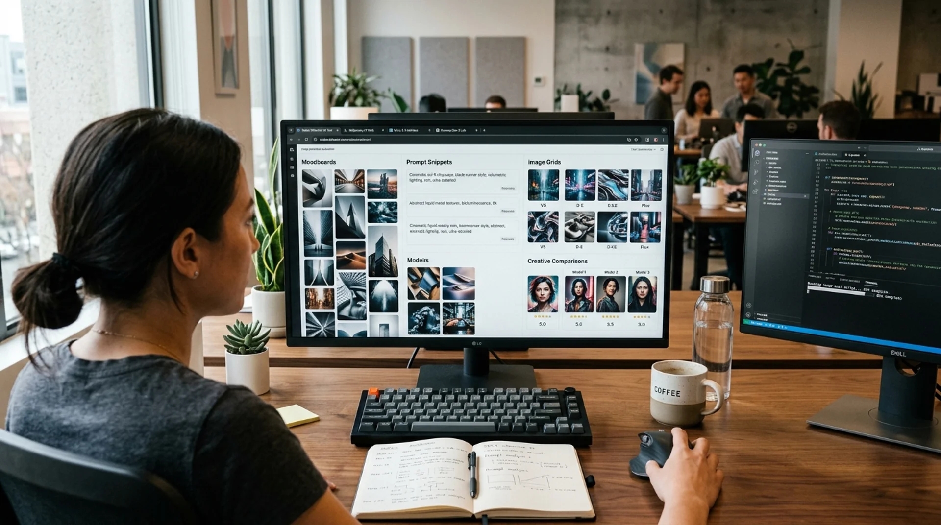 A creative developer reviewing Midjourney V7 workflows, prompts, and image outputs in a modern workspace.