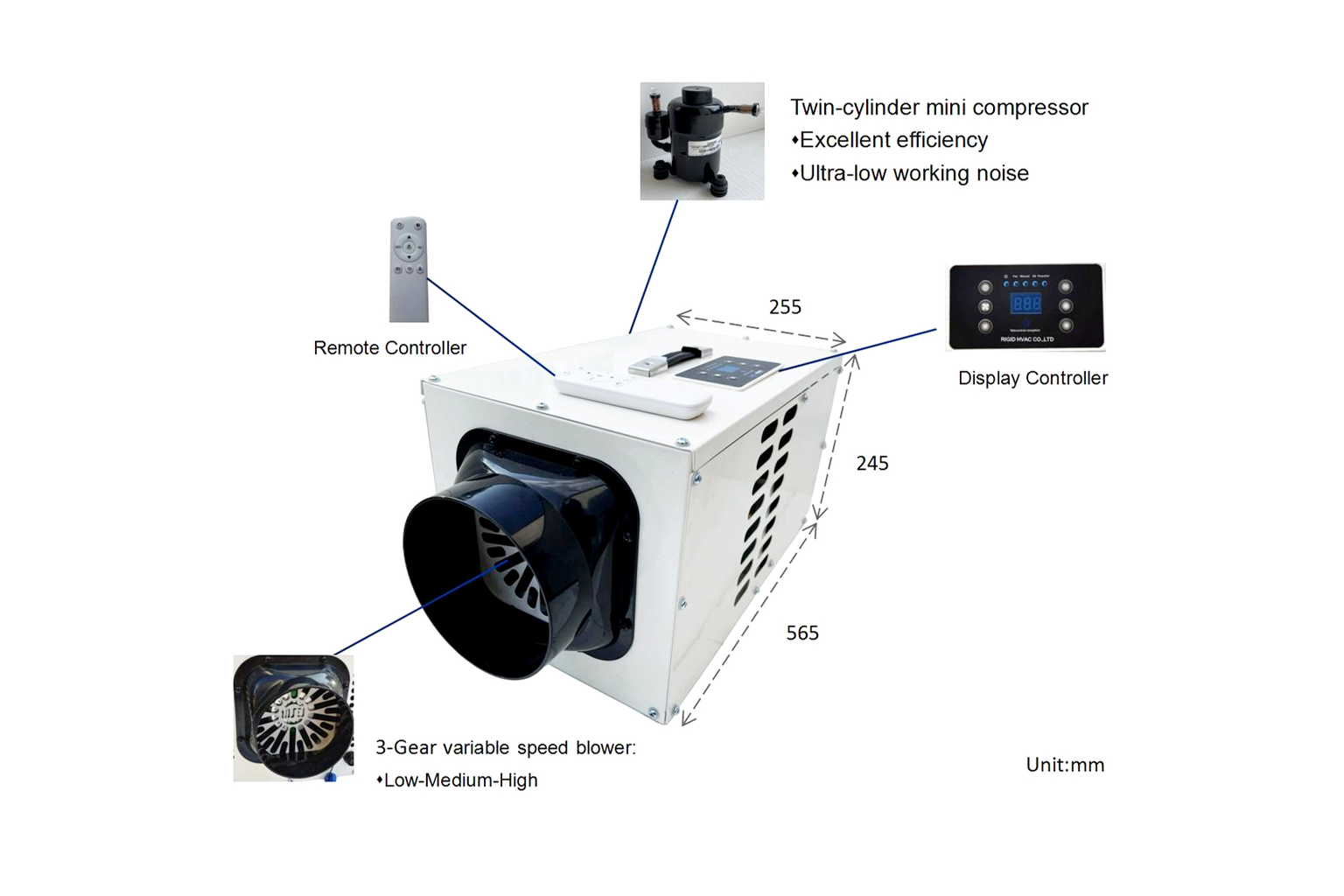 RIGID 12V air conditioner installed in off-grid application with solar panel and battery bank