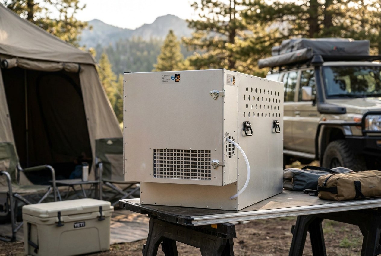 12V air conditioner installed in a van conversion sleeping area with battery bank visible