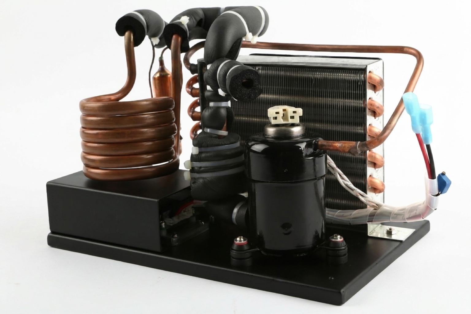 12V compressor and condenser assembly installed in a vehicle compartment showing condenser airflow clearance