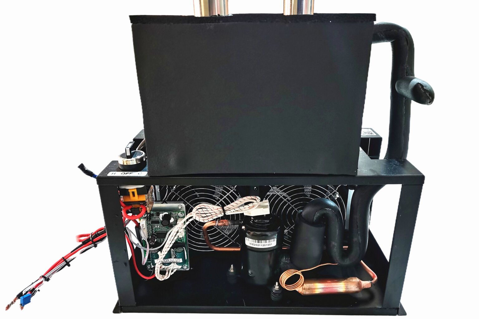 Micro DC Aircon cool and heat module showing compact design for vehicle integration