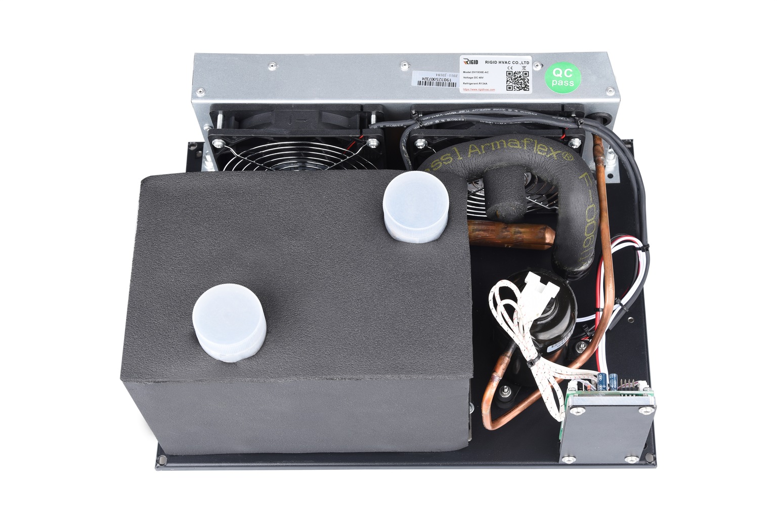 Portable DC cooling unit viewed from the condenser side with airflow path visible
