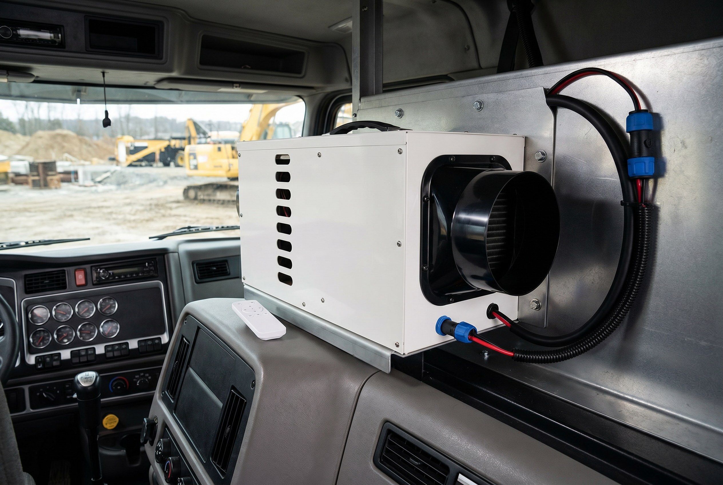 24V DC air conditioner installed in a truck cab showing compact evaporator unit and condenser placement