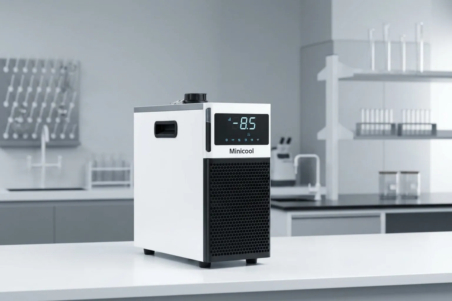 MiniCool recirculating lab chiller installed under a laboratory bench with rotary evaporator