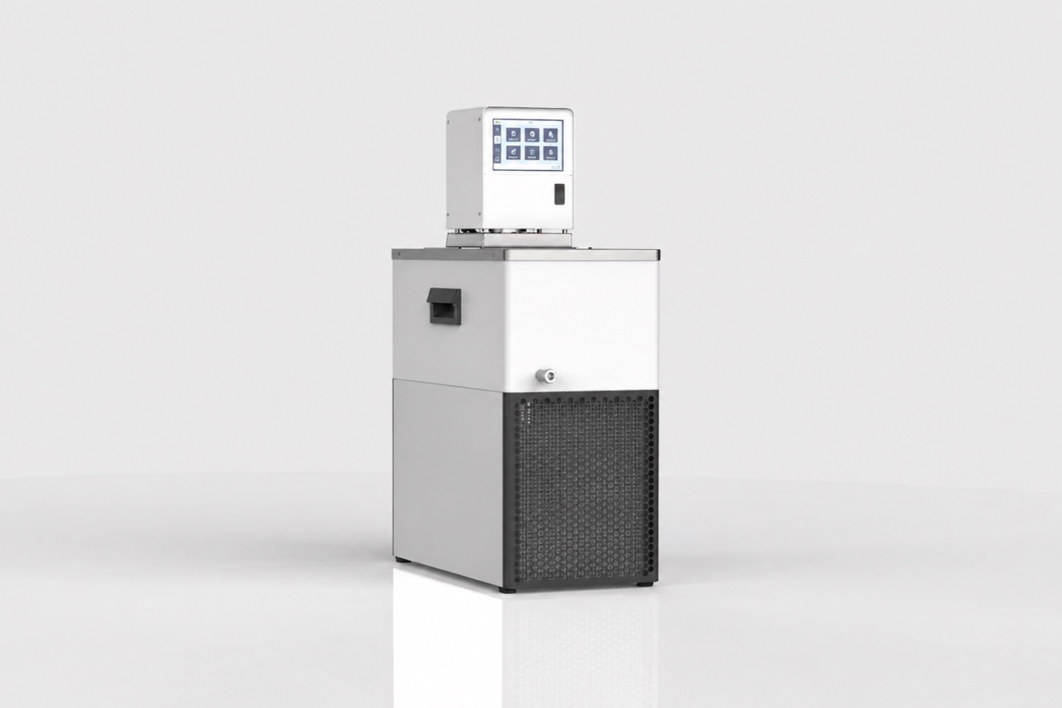 MiniCool sub-zero recirculating chiller with coolant hose connections on a laboratory bench