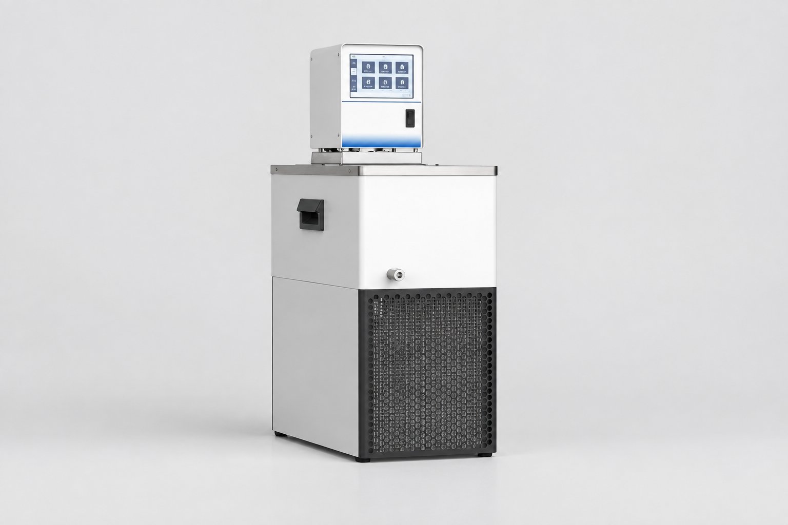 Compact refrigerated circulator with touchscreen controller and filler lid on a plain background