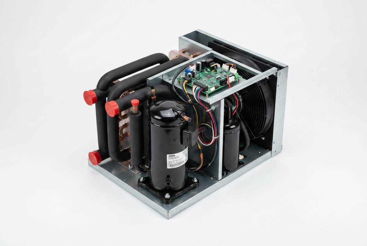 Compact water chiller installed on a laboratory benchtop next to analytical instruments