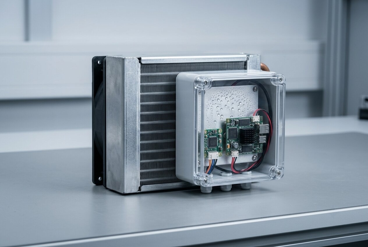 Condensation droplets forming on electronics inside a sealed IP65 enclosure showing moisture damage on PCB and connectors