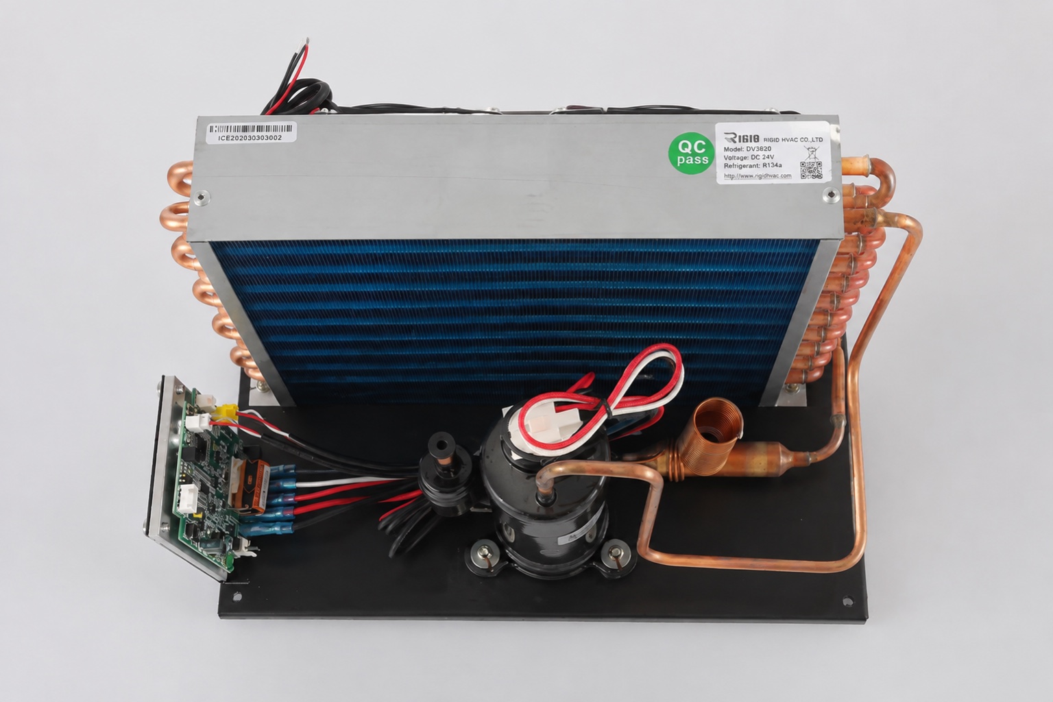 Compact DC condensing unit showing compressor and condenser coil layout