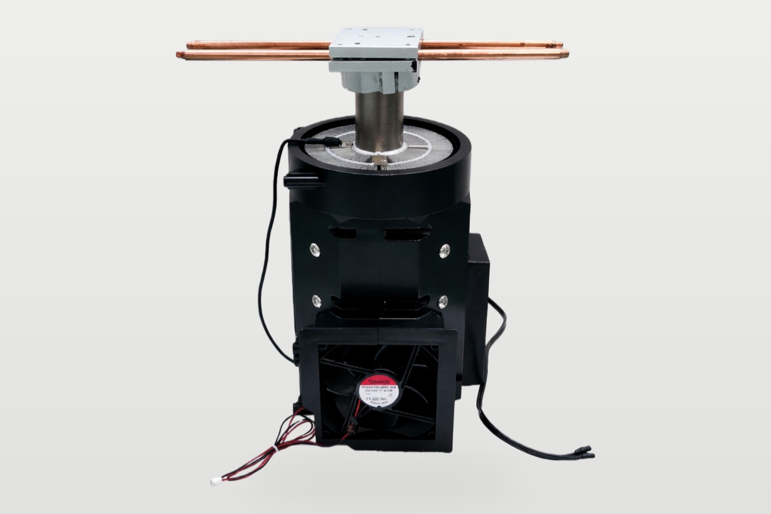 Free piston Stirling cryocooler assembly showing cold finger and mounting flange
