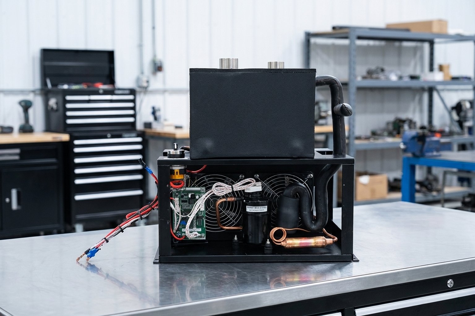 RIGID Micro DC air conditioner unit mounted on an industrial enclosure showing compact installation