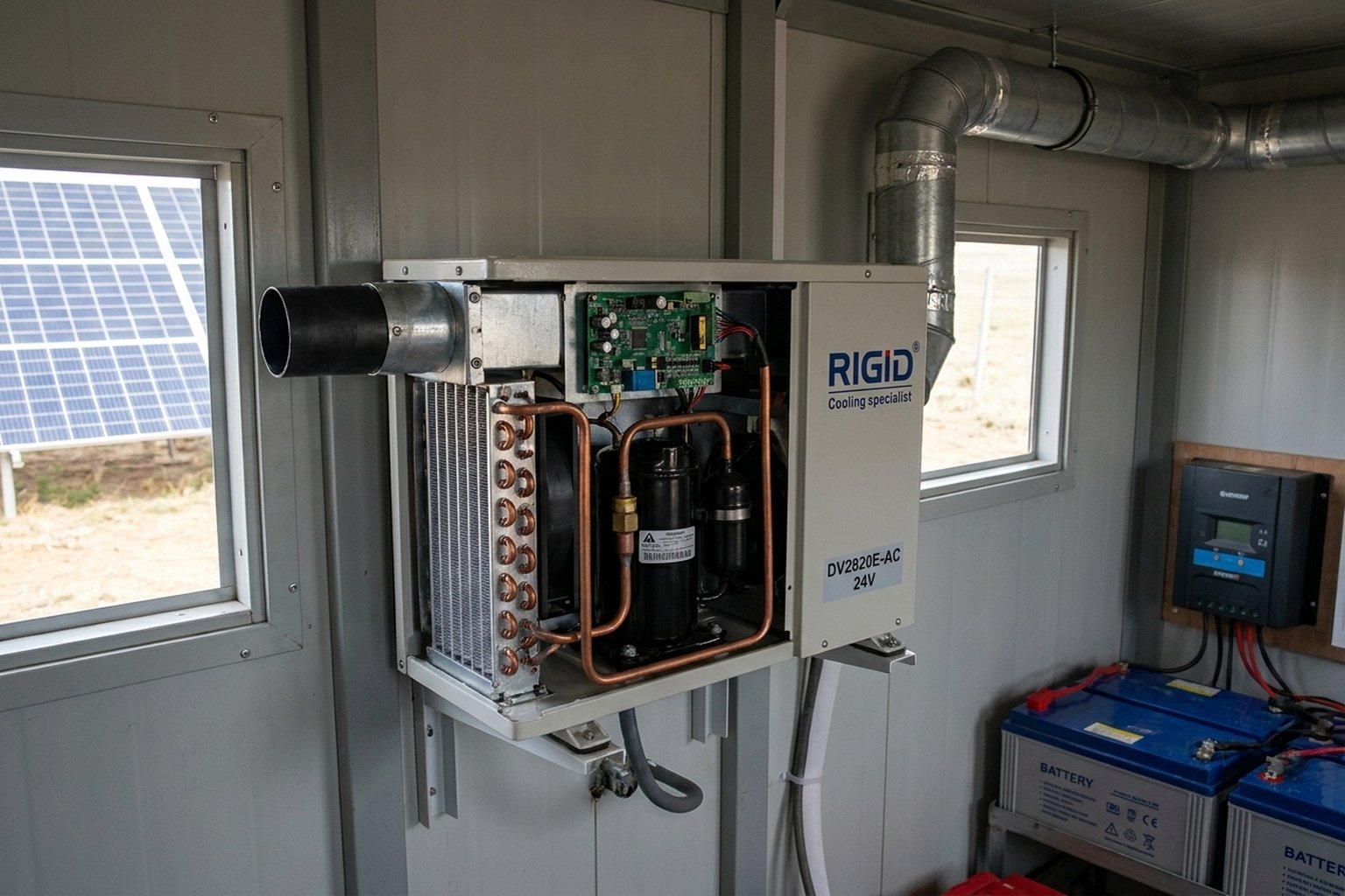 12V DC air conditioner installed in off-grid equipment shelter