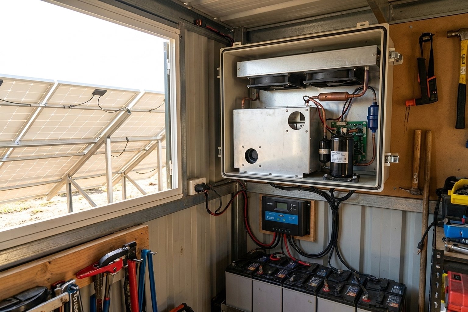 Solar-powered equipment shelter with DC cooling system for remote monitoring