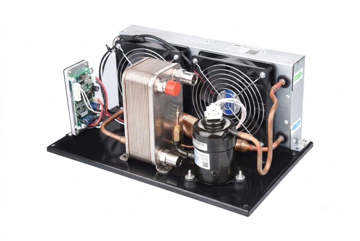 RIGID compact liquid chiller module with coaxial heat exchanger for precision cooling applications