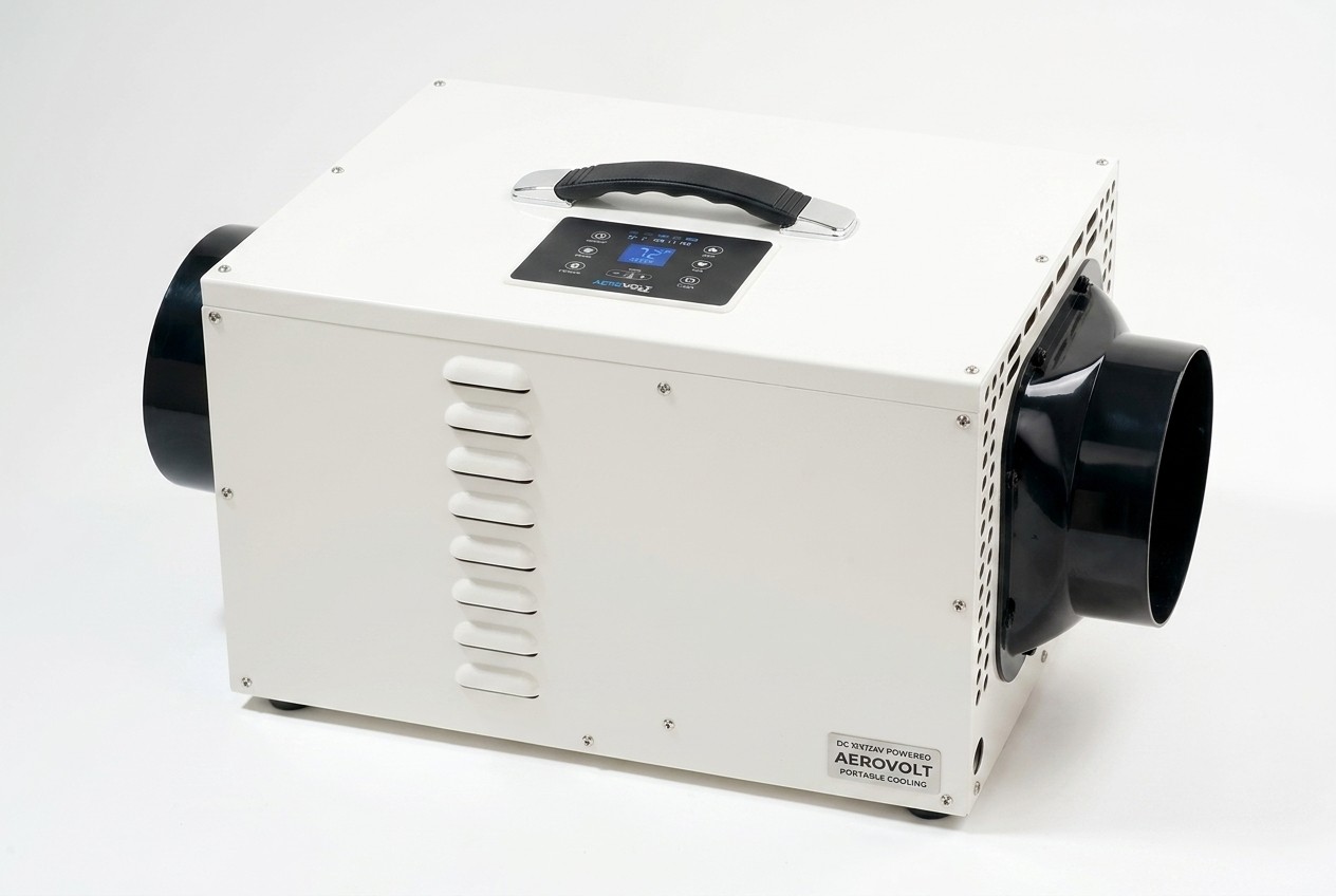 Portable 12V battery powered air conditioner setup for camping and outdoor use