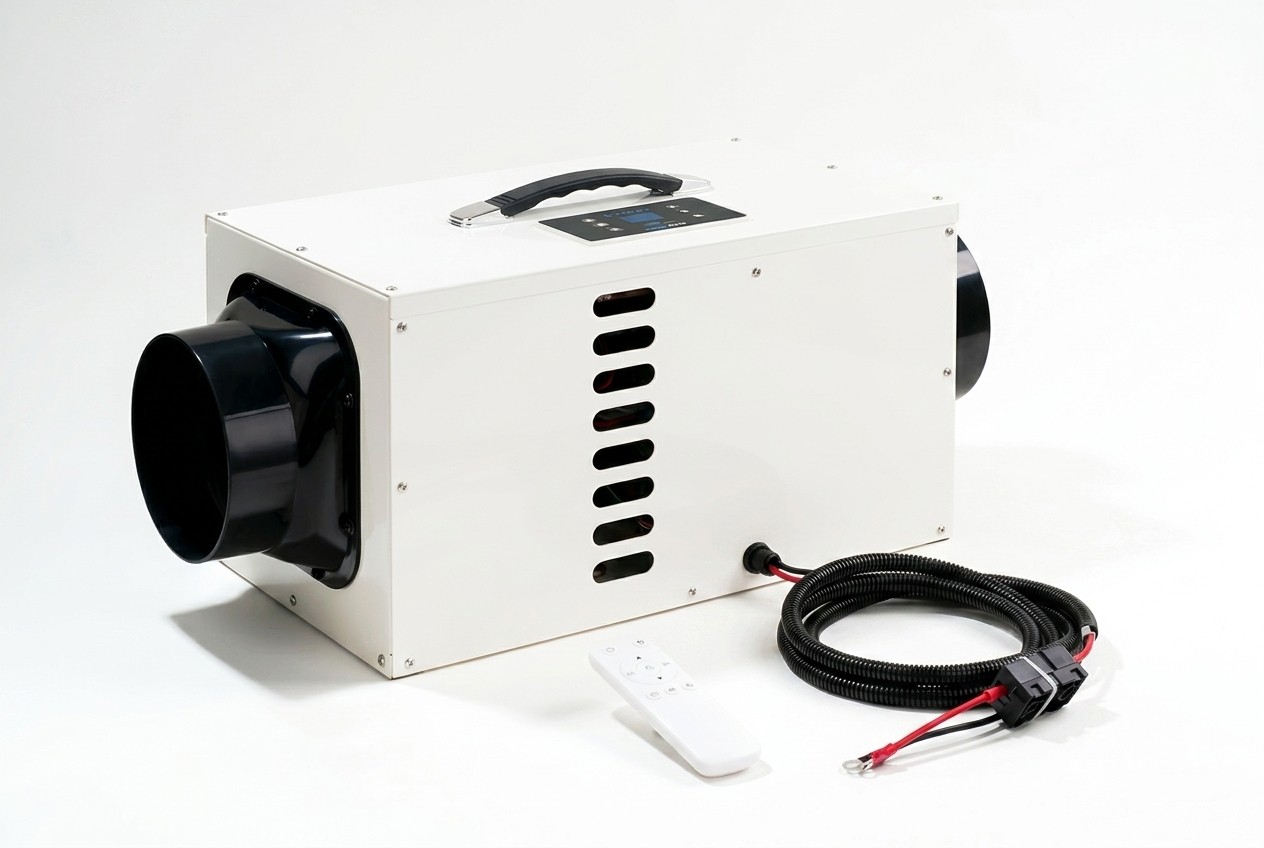 12V DC air conditioner installed in a vehicle for battery-powered cooling