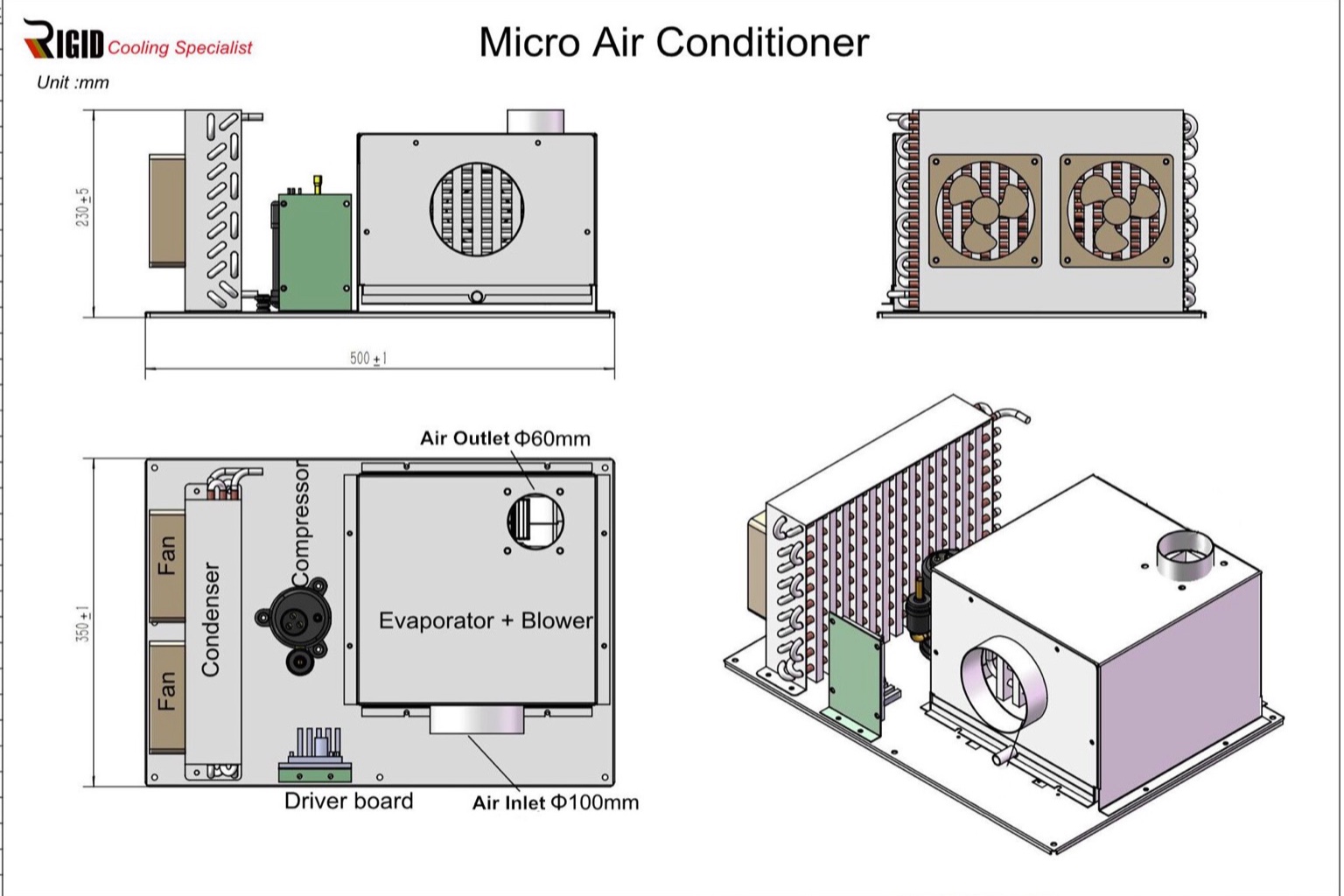 Portable DC air conditioner installed in a vehicle compartment with ducting and clearance around the condenser