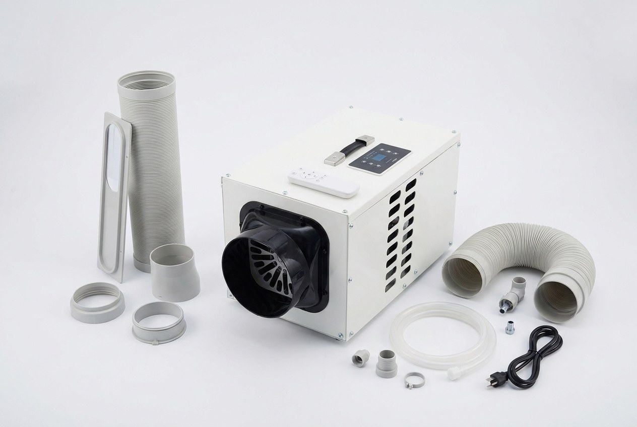 DC air conditioner installed in a camper van showing compact evaporator unit connected to roof-mounted condenser