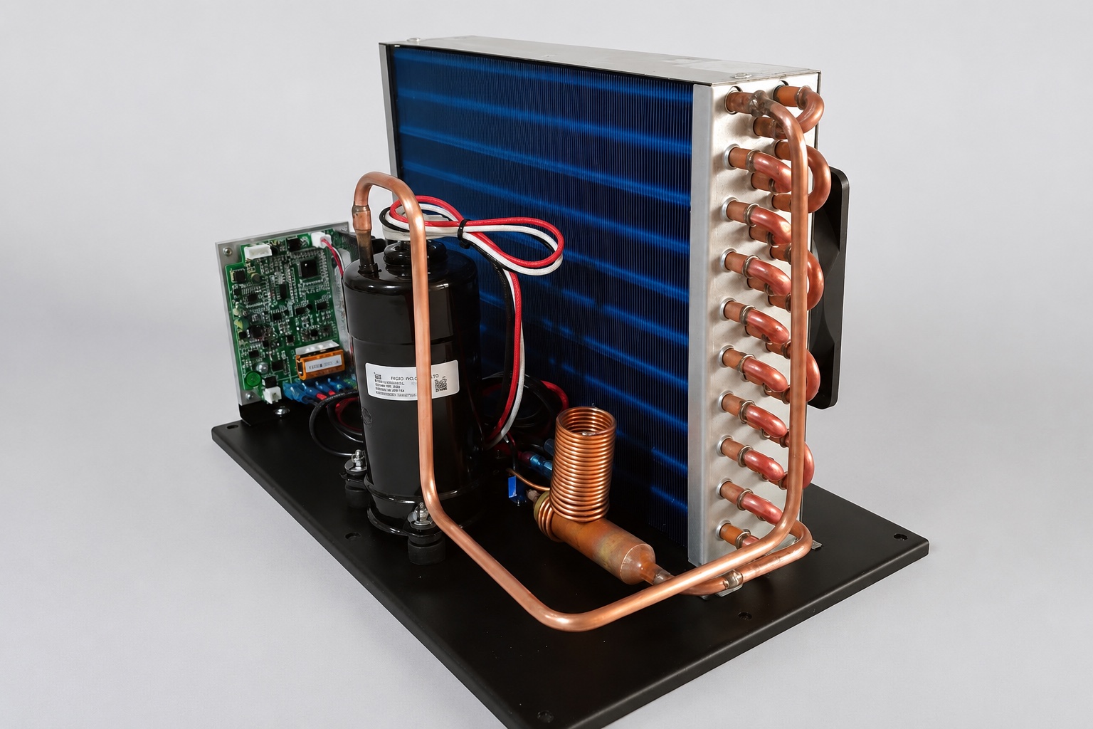 Compact DC refrigeration module showing evaporator and condensing unit layout