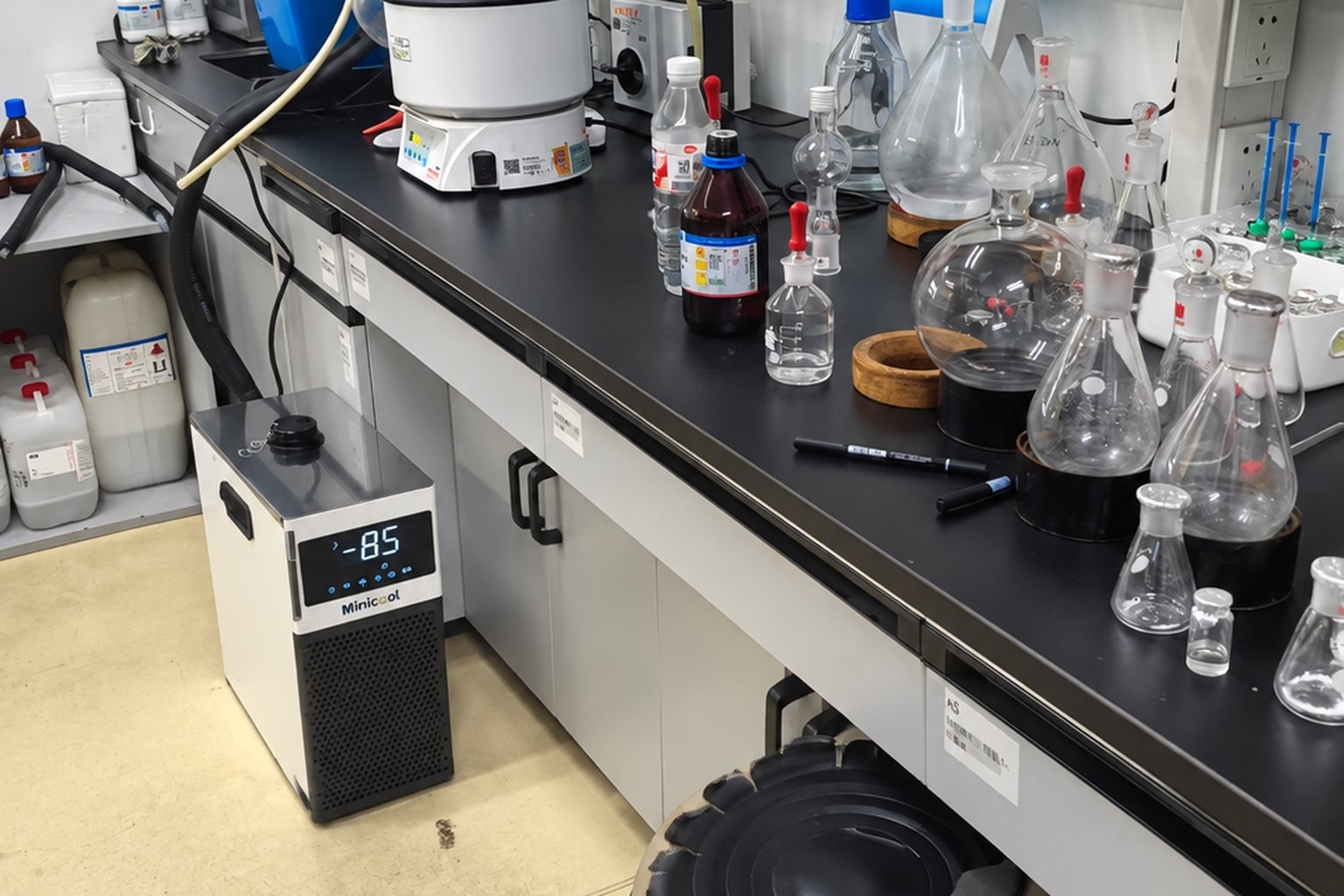MiniCool recirculating chiller on a laboratory floor beside a bench