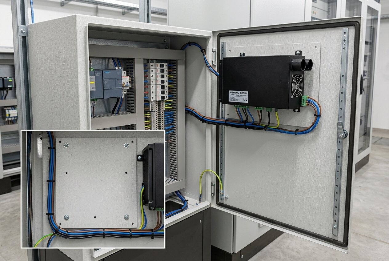 Micro DC aircon unit mounted on EV charger cabinet for active thermal management