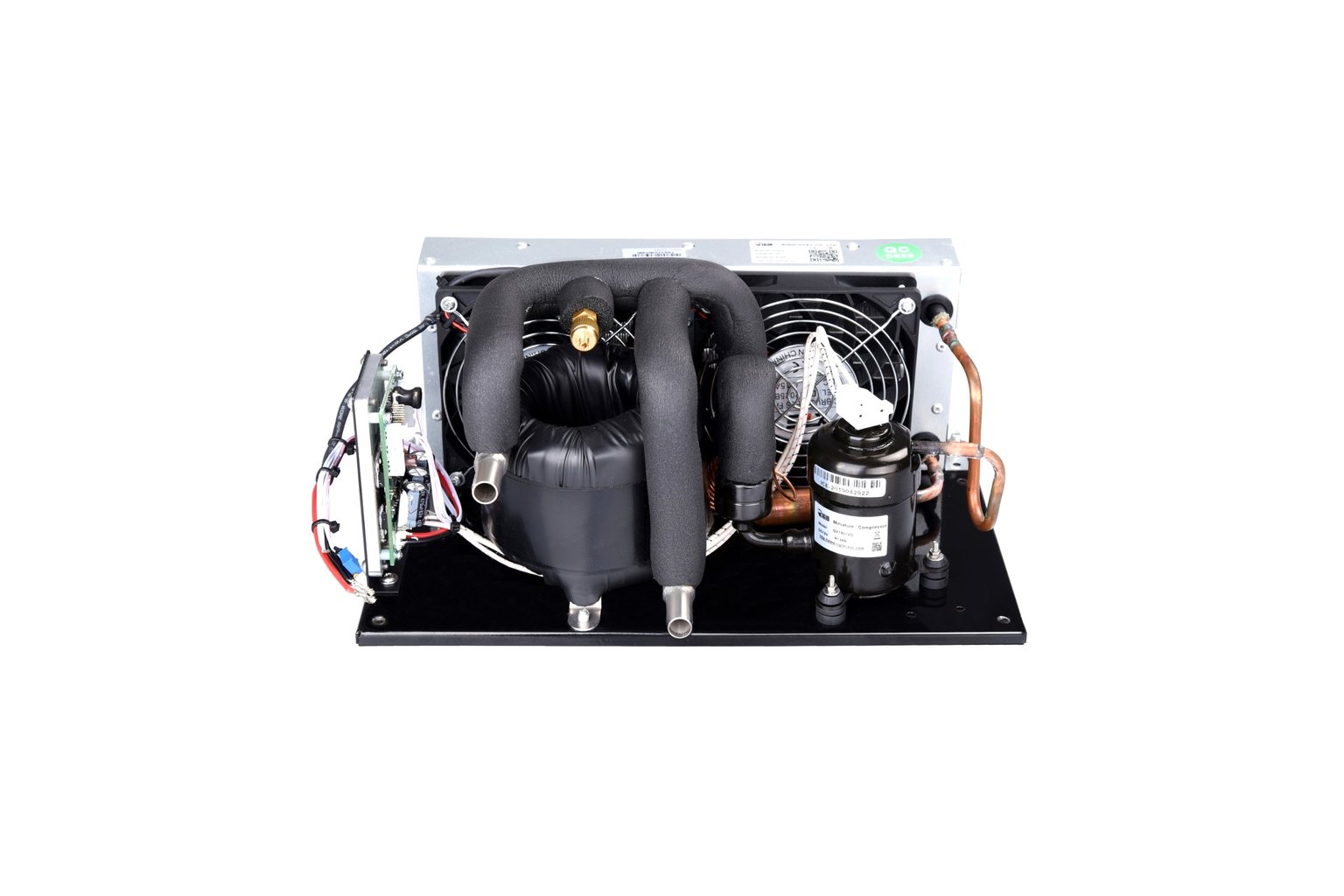Compact DC liquid chiller module with coaxial heat exchanger on a white background