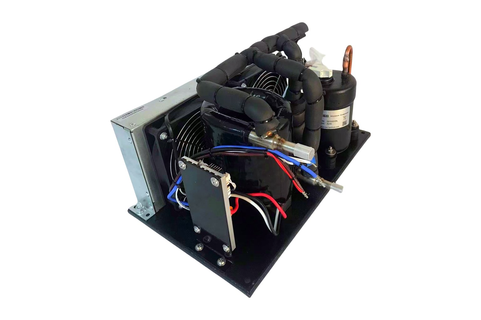Coaxial liquid chiller module with compressor, condenser fan and driver board