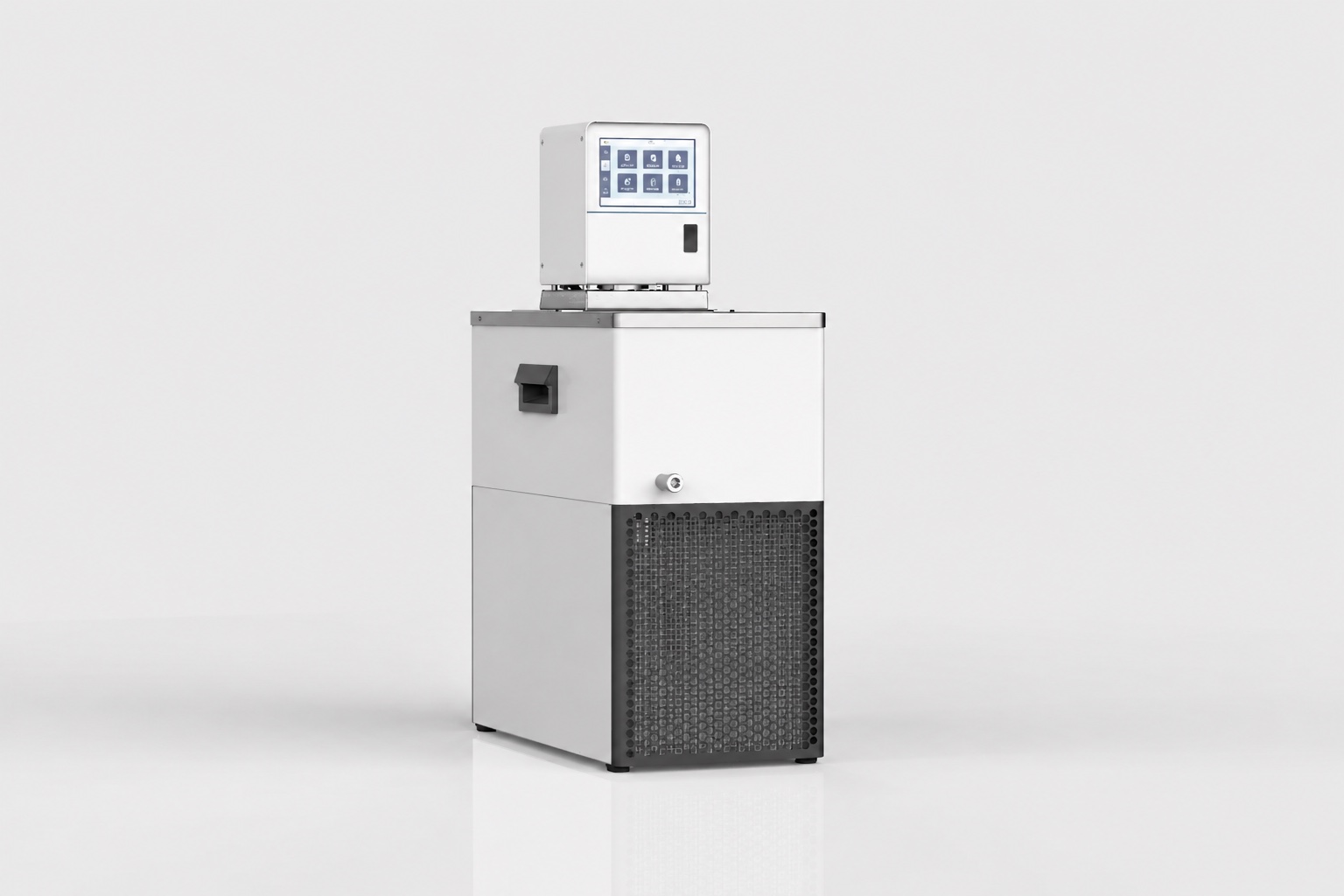 Laboratory chiller front panel and coolant circuit during a routine fluid condition check