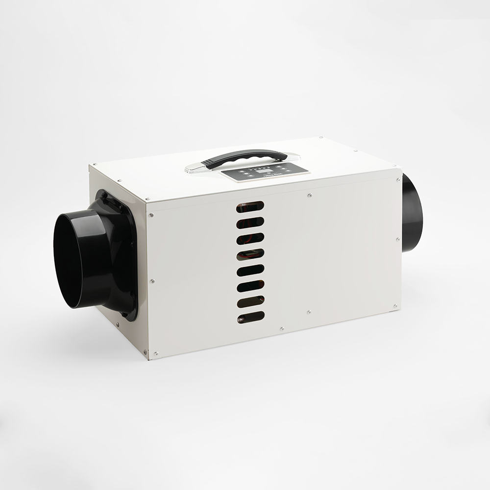 Portable DC air conditioner with carrying handle and side ventilation slots