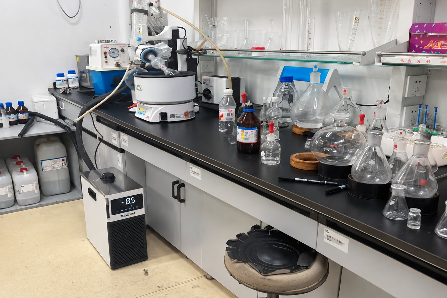 MiniCool recirculating chiller on the floor beside a laboratory bench with glassware