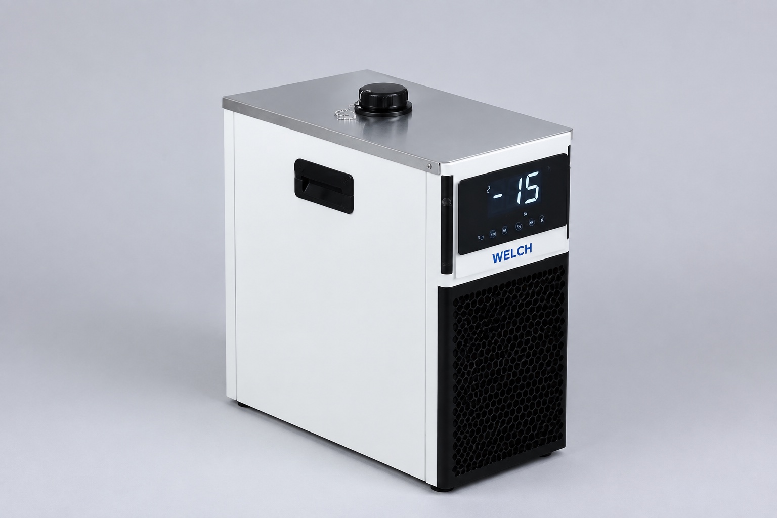 Laboratory chiller front panel during a timed pull-down and hold stability check