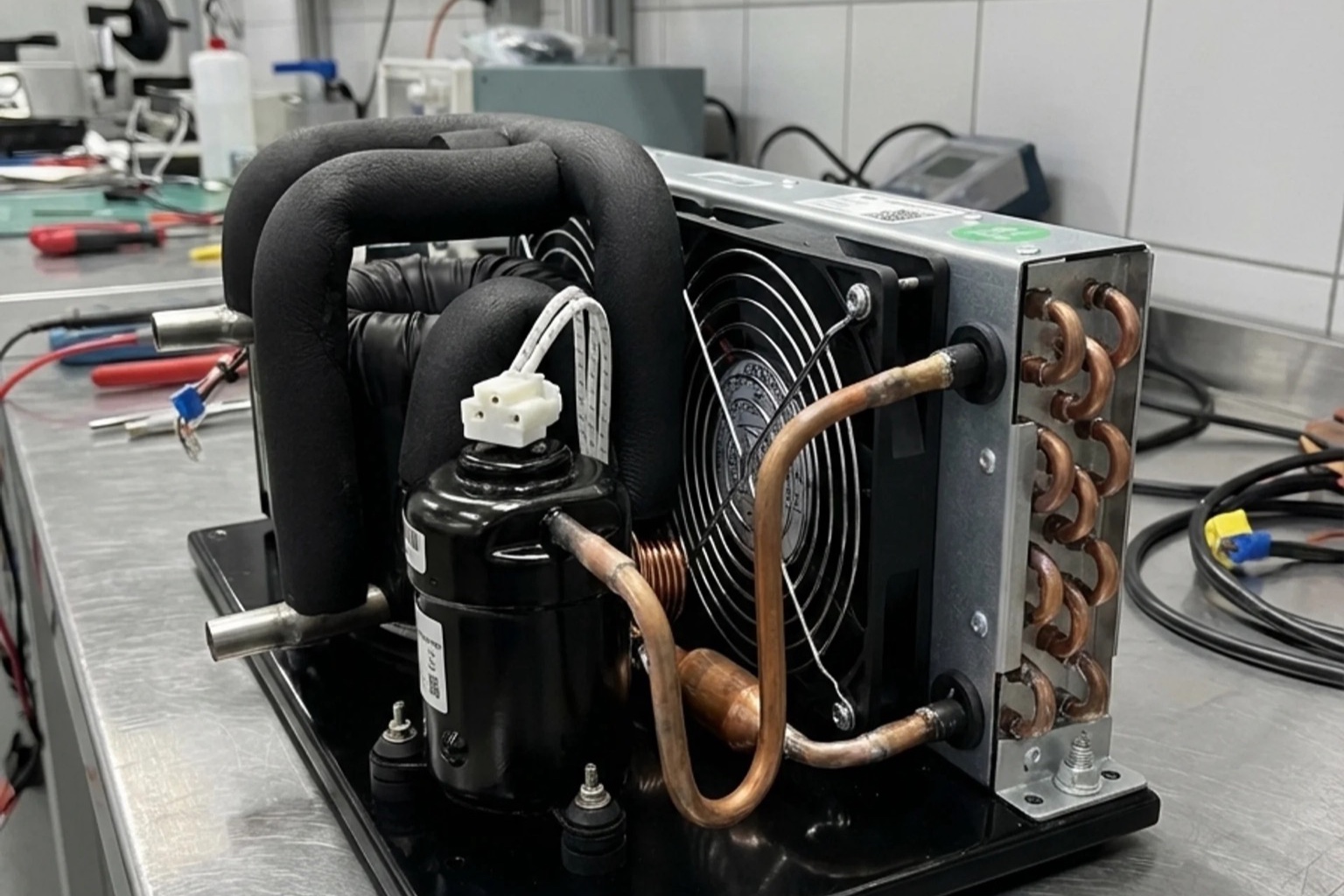 MiniCool countertop recirculating chiller cooling a rotary evaporator condenser on a laboratory bench