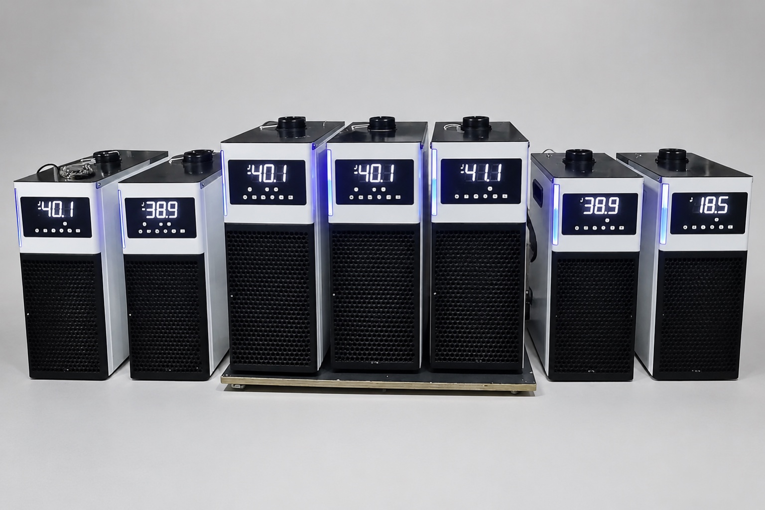 MiniCool chiller showing condenser discharge grille and coolant connections