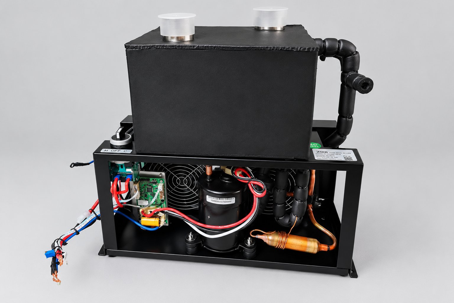 Micro DC Aircon heating and cooling module on a plain background