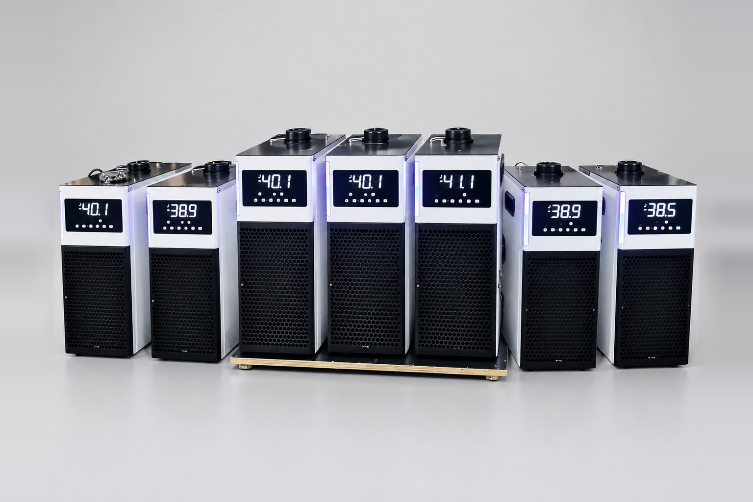Row of MiniCool recirculating chillers running at sub-zero set points