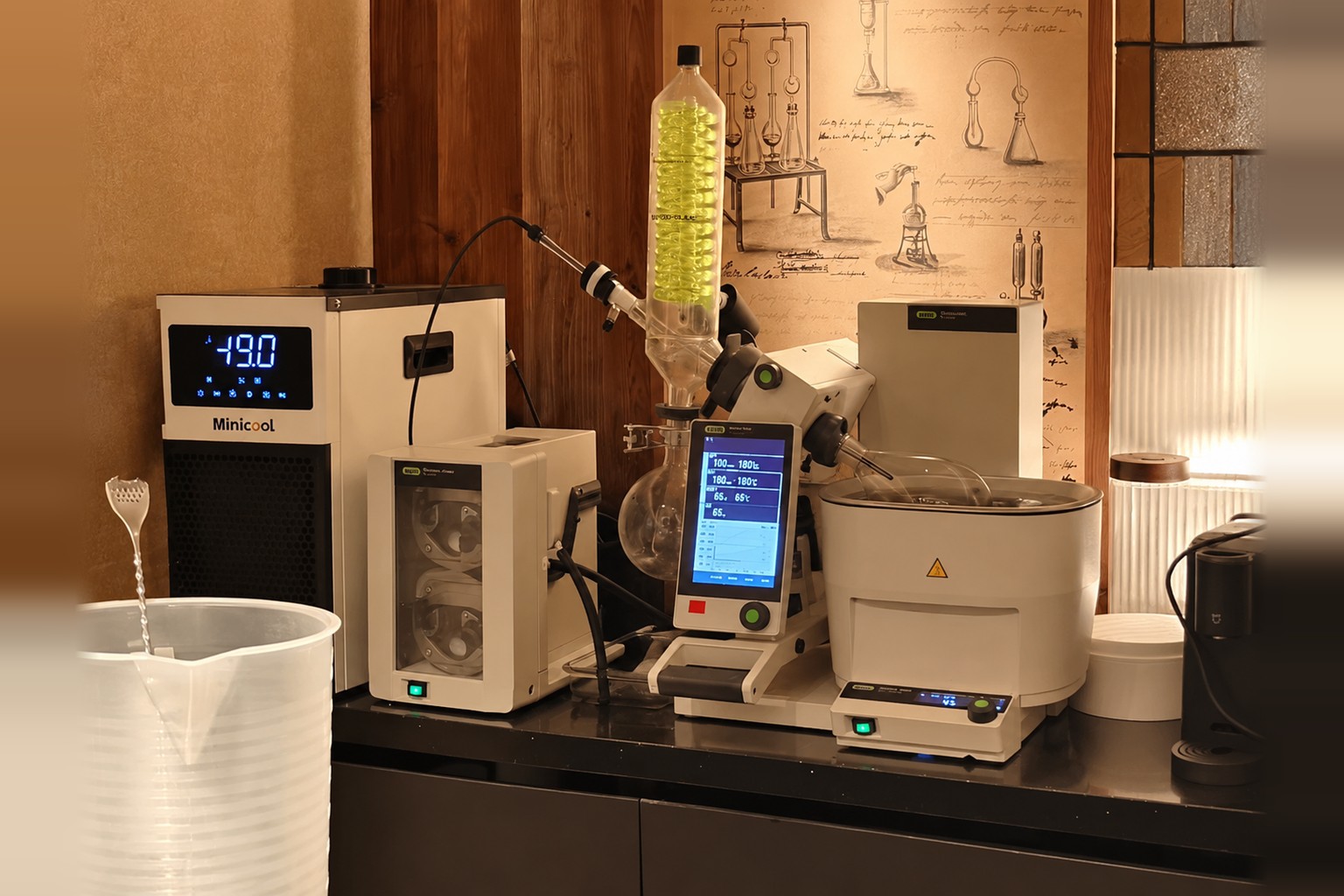 MiniCool recirculating chiller on a laboratory bench next to a rotary evaporator