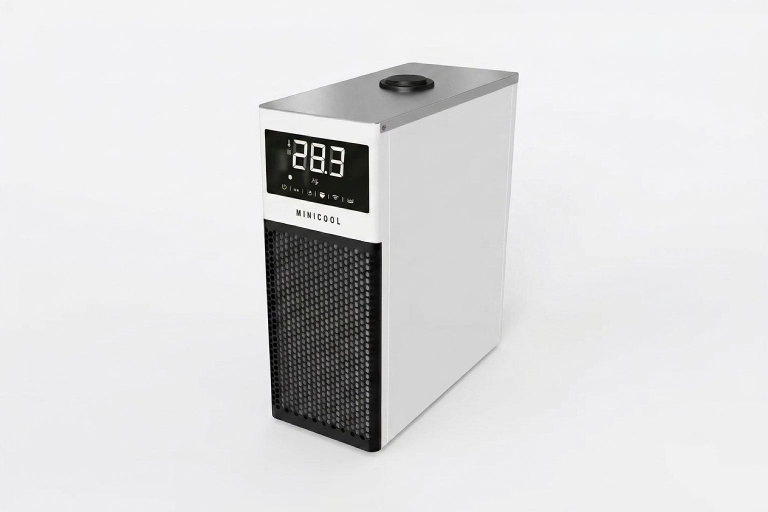 MiniCool countertop recirculating lab chiller with digital temperature display on a laboratory bench