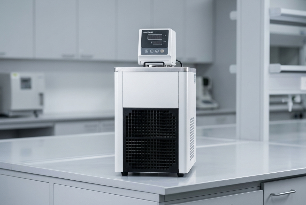 Small chiller unit installed on a laboratory bench next to analytical instruments