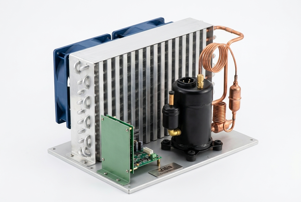 Small compressor fridge internal components showing miniature vapor compression refrigeration system