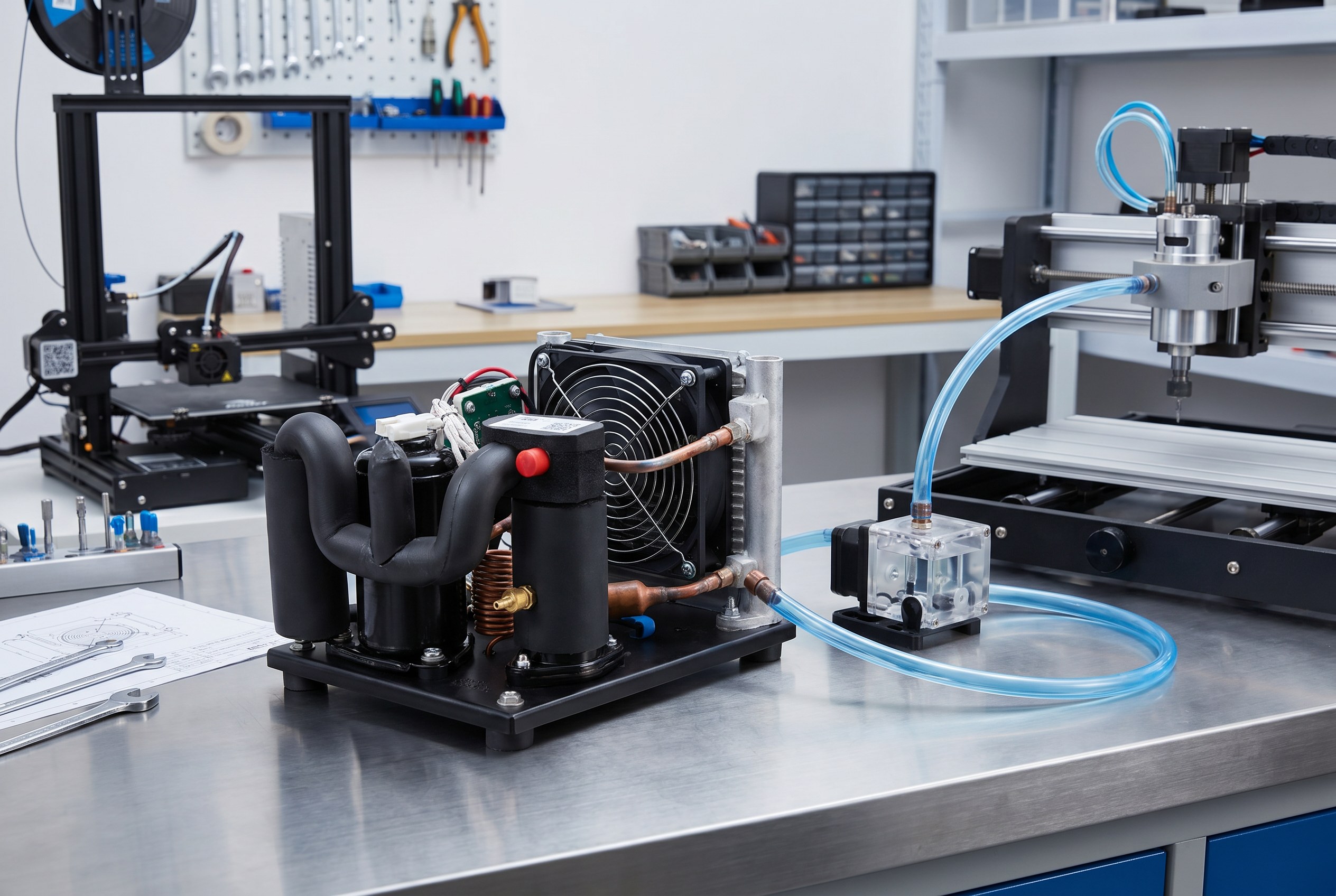 Small water chiller connected to a 3D printer cooling loop on a workshop bench