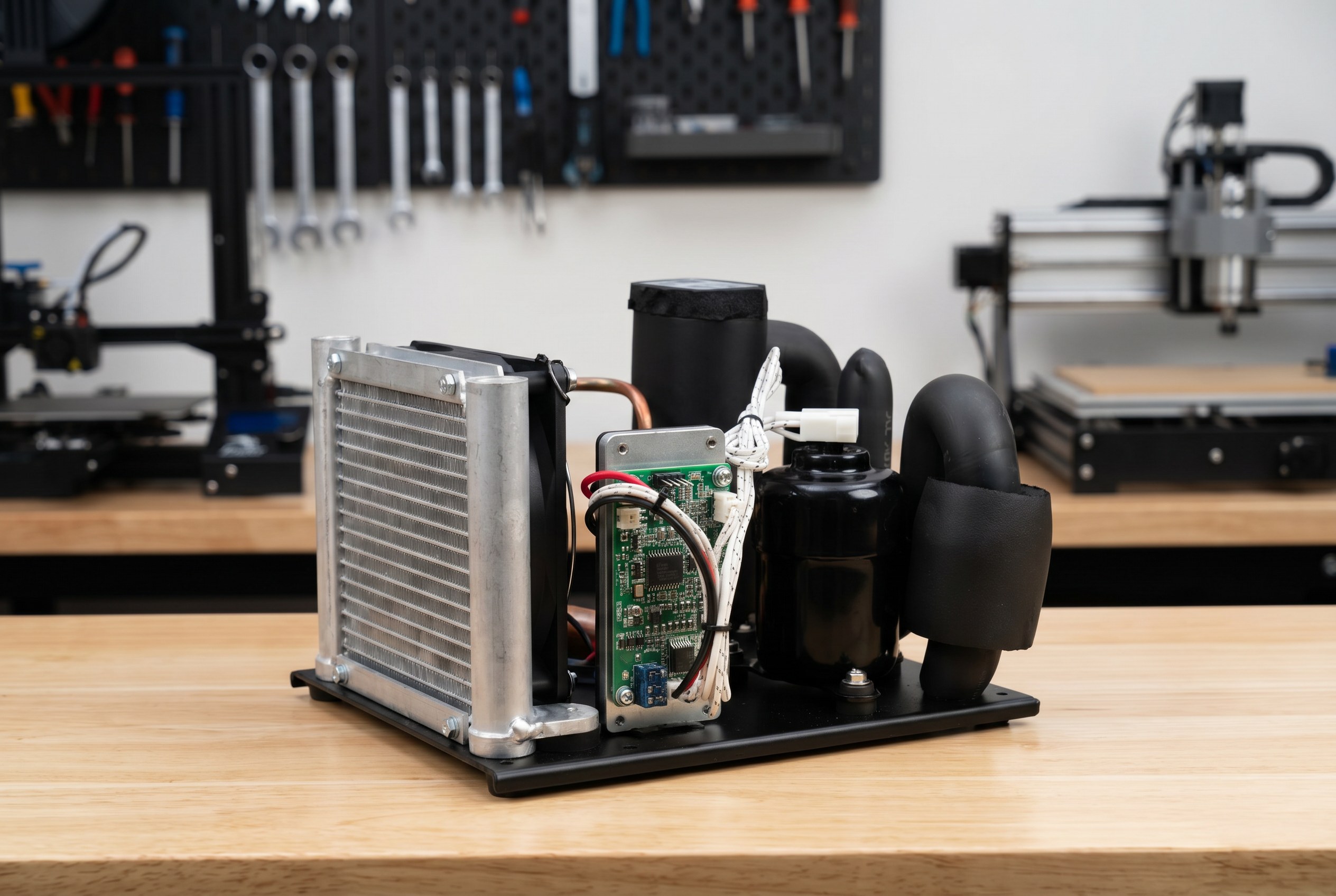 Coolant maintenance supplies including glycol, distilled water, and inline filter for a small water chiller