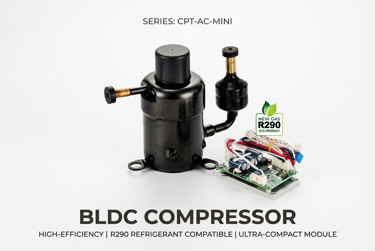 Micro DC air conditioner installed in a compact space showing real compressor cooling system