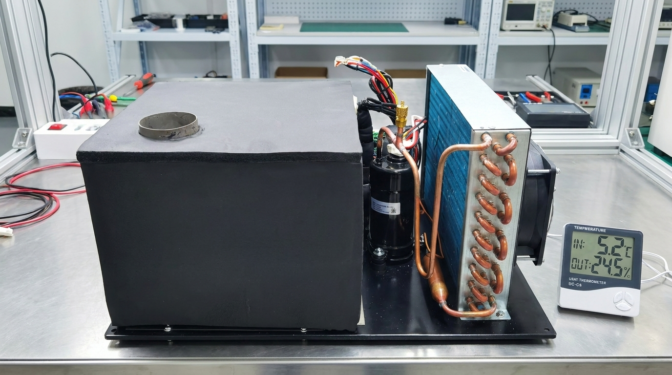 DC air conditioner installed in vehicle trunk showing real-world deployment