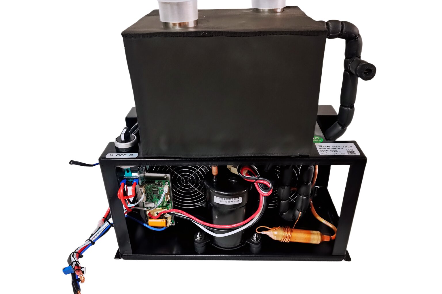 Micro DC Aircon cool and heat module showing vapor compression components