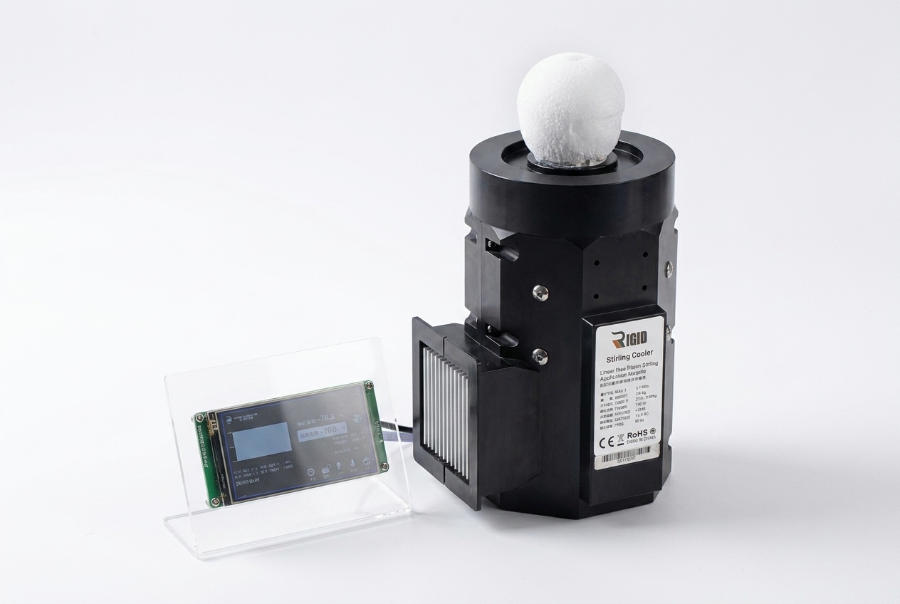 Stirling cooler module showing cold head and heat rejection components for cryogenic cooling applications
