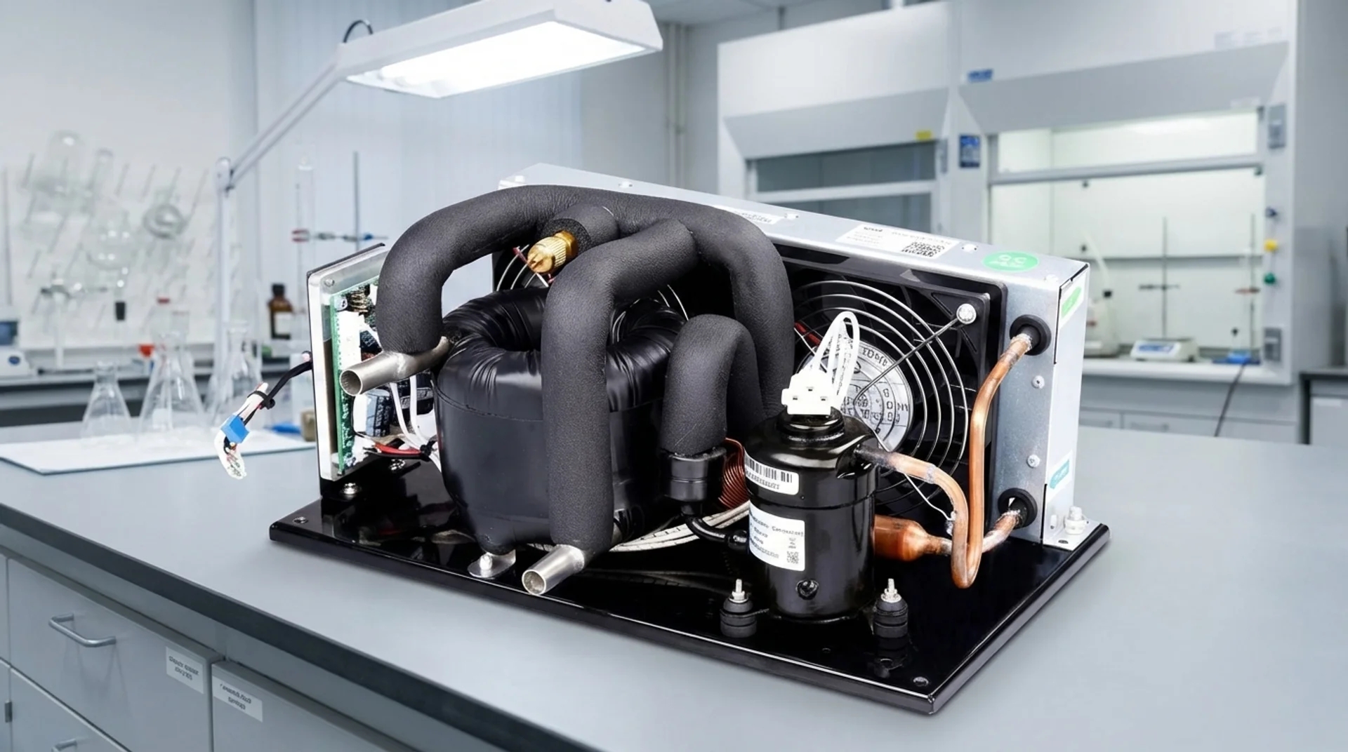 Water cooled air conditioner installation in van showing indoor unit and external radiator routing